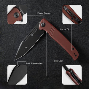 SENCUT Brazoria - Flipper Knife Burgundy G10 Handle (3.46" Black Stonewashed D2 Blade)